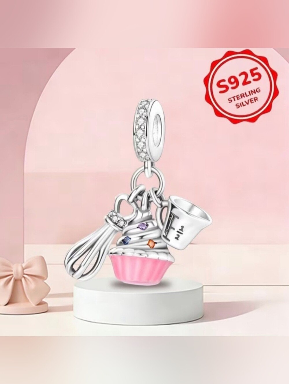 Sterling Silver Pink Cupcake & Baking Charm Bracelet Pendant 925 Plated 🧁🩷 NEW - Picture 8 of 8